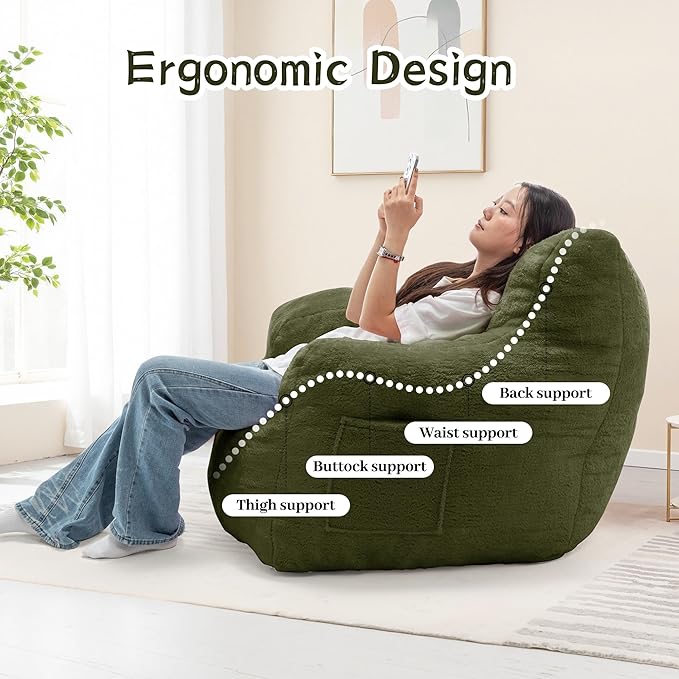 Bean Bag Chair, Comfy Bean Bag Sofa with Armrests & Back Support, Shredded Foam Filled Floor Couch for Adults, Fluffy Cloud Chair for Bedroom/Dorm/Reading, Single, Green