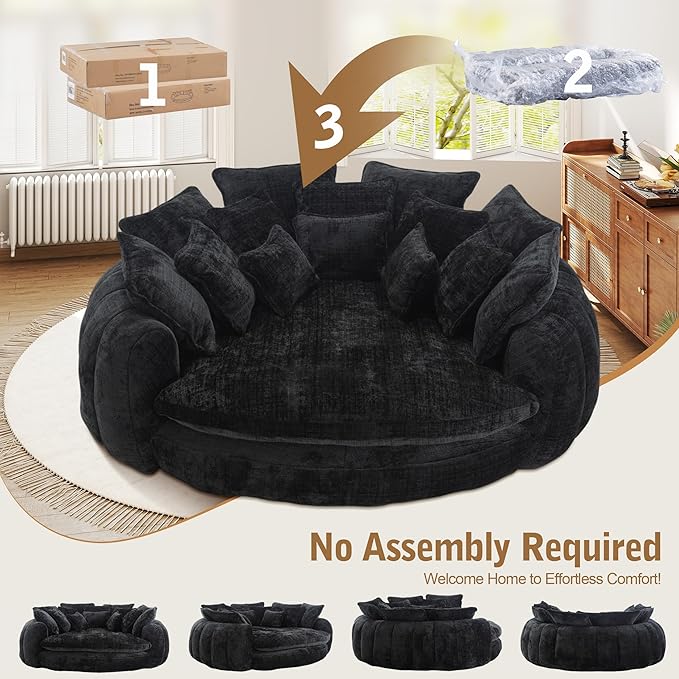 82'' Oversized Upholstered Sofa Bed, Round Chaise Lounge Chair Indoor, Modern Chenille Boneless Couch, No Assembly Required, Plush Sleeper Chair with 14 Pillows for Living Room, Black
