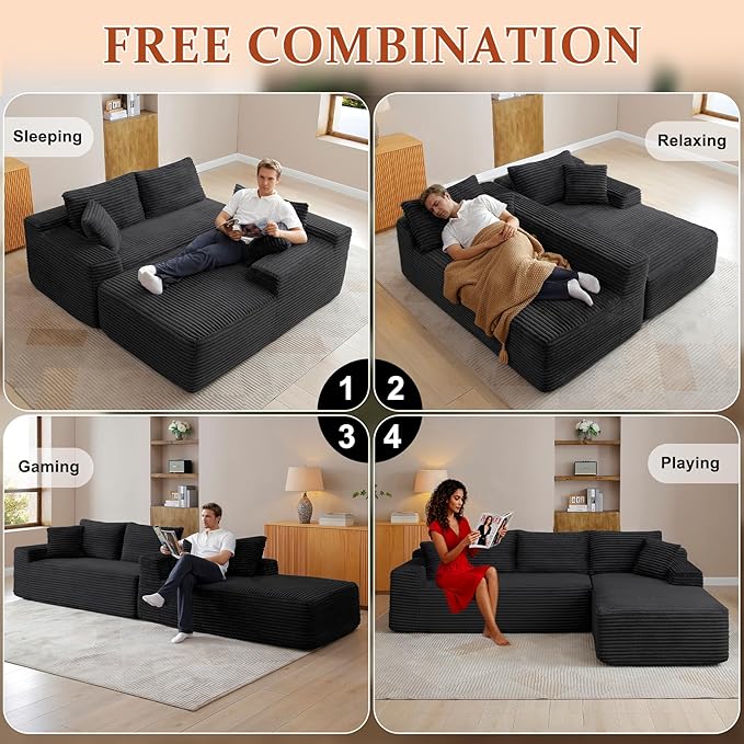 HYJT-H&K Modular Sectional Sofa Cloud Sectional Couch, 95" Comfy Fluffy L Shaped Black Couches for Living Room, Deep Seat Memory Foam Plush Corduroy Boneless Couch Sectionals Right Facing Chaise Sofa
