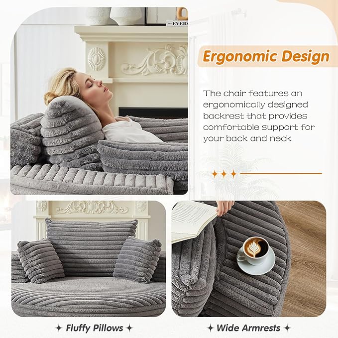 55"W Oversized Round Chair Lounge Chaise Indoor, Upholstered Comfy Circle Sofa Armchair, Modern Cozy Boneless Foam Floor Reading Chair for Living Room, Bedroom, No Assembly Required(Corduroy, Grey)