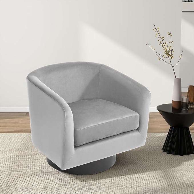 Swivel Barrel Chair, Modern Round PU Leather Accent Armchair for Living Room, Bedroom, Oversized Comfy Club Reading Chairs for Adults (Velvet Grey, Set of 1)