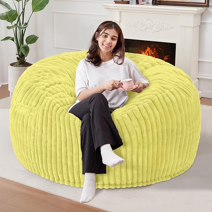 Homguava 3 FT Bean Bag Chair,3' Big Bean Bag,Large Bean Bag Chairs for Adults with Memory Foam Filled,Comfy Beanbag Chairs Soft Bean Bag Sofa with Dutch Corded Plush Cover-Yellow