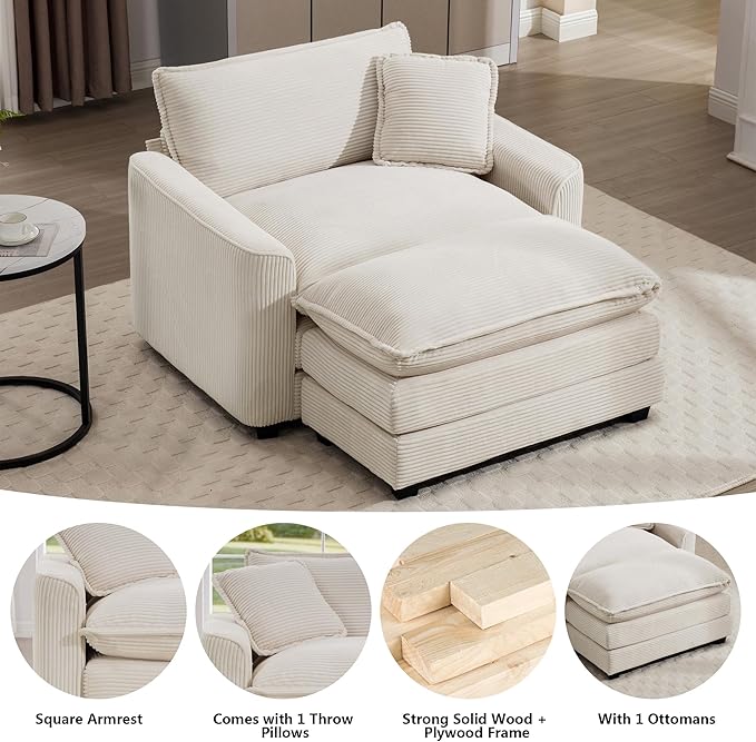 Aoowow Corduroy Large Armchair with Ottoman,Tufted Indoor Chaise Lounge Chair,Oversized Single Sofa Chairs with Footrest,Single Seat Cloud Sofas Couches for Living Room (Beige, Sofa Chair + Ottoman)