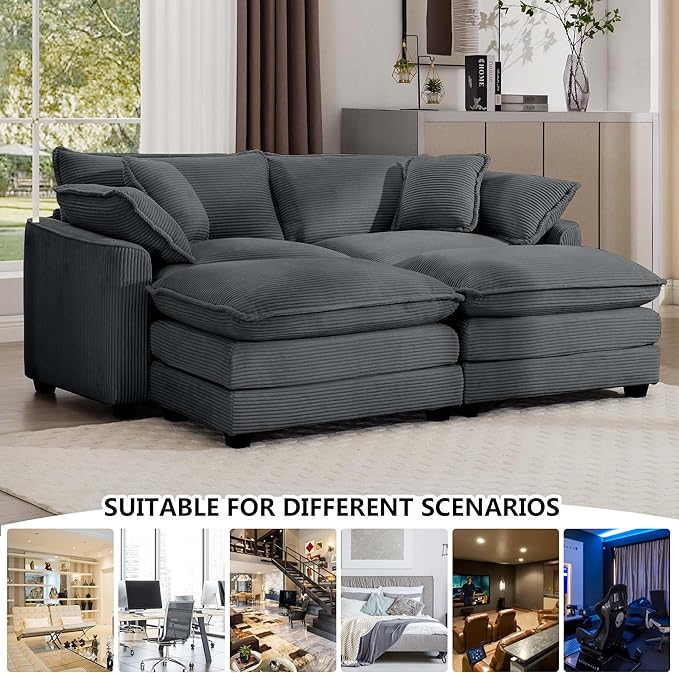 Aoowow Oversized Loveseat Couch with Ottomans,Modern Corduroy 2 Seater Cloud Couches for Living Room,Modular Sectional Cloud Sofas Deep Seat,Double Lounger Sleeper Sofa