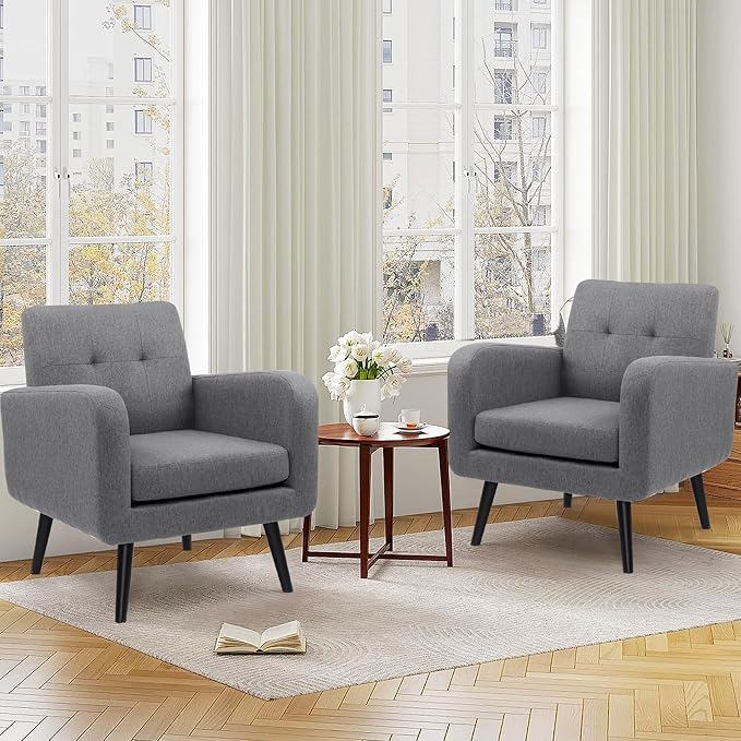 LSSPAID Modern Accent Chairs, Upholstered Fabric Cozy Armchairs, Living Room Side Chair with Solid Wood Legs, Gray