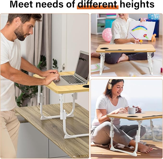 DECOSIS Laptop Bed Desk Height Adjustable, Bed Laptop Table with USB/Storage Drawer/Cup Holder/Tablet Stand/Book Shelf, Foldable Breakfast Tray Portable for Reading Writing, Bed, Sofa & Floor, Wood