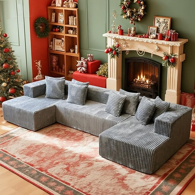 130'' U Shaped Couched for Living Room, Cloud Modular Sectional Couch with 2 Chaise Lounge, Modern Minimalist Upholstered Sofa Sleeper Deep Seat Corner Couch, No Assembly Required Grey