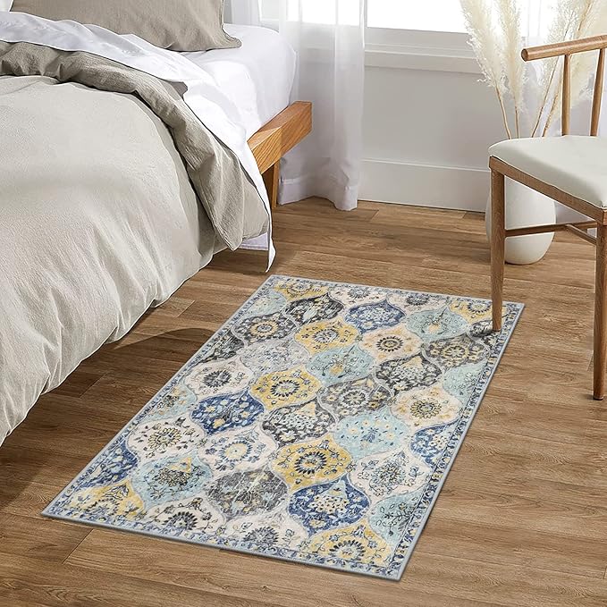 Lahome Moroccan Trellis Kitchen Rugs Non Slip Washable, 2x3 Rugs for Entryway Bathroom, Non-Slip Indoor Door Mat Ultra-Thin, Small Oriental Throw Carpet for Bedroom Entry, Yellow/Aqua