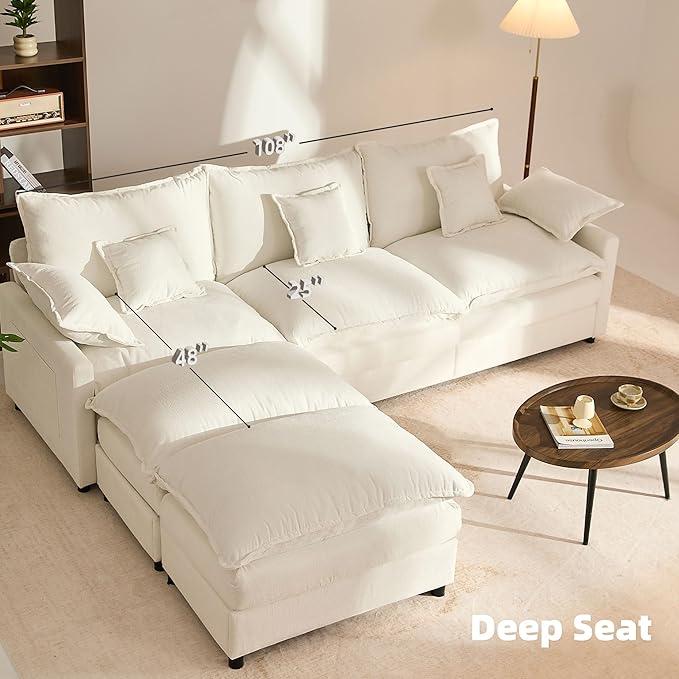 GOSUHI 108" U Shaped Couch, Modular Sectional Sofa, 3-Seater Comfy Cloud Couch with Movable Ottoman, Deep Seat Couches for Living Room, Chenille, Ivory