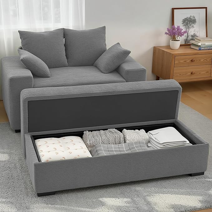 Indoor Chaise Lounge Chair with Storage Ottoman, Modern 60-Inch Lounge Sofa Chair with Wide Armrests & 4 Pillows, Oversized Comfy Reading Lounger for Living Room, Bedroom（Medium-Rib Corduroy Grey）
