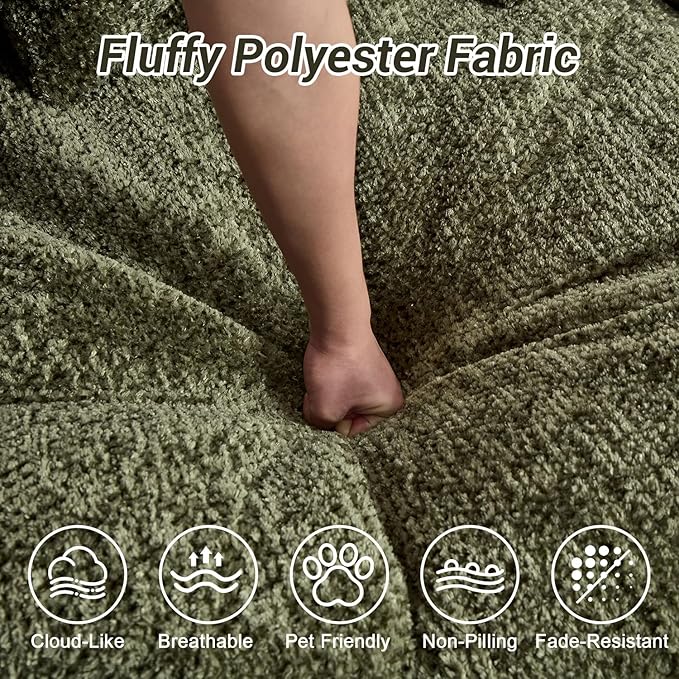 54" Oversized Round Chaise Lounge Indoor Boneless Bean Bag Chair with Movable Ottoman Fluffy Comfy Reading Chair Large Circle Cloud Couch Sleeper Sofa Bed for Living Room, Bedroom, Apartment, Green