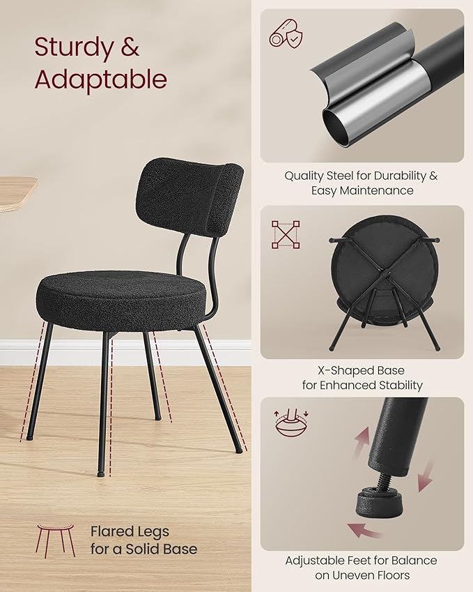 VASAGLE Boucle Dining Chairs Set of 2, Upholstered Kitchen Dining Room Chairs with Curved Backrest and Steel Frame, Modern Mid Century, Round, for Vanity, Living Room, Ink Black UKDC110B01