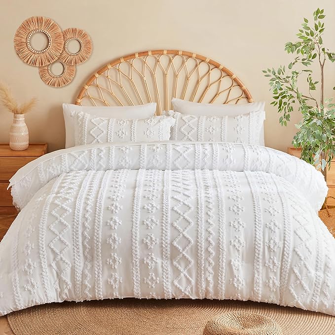 MR&HM White Twin XL Comforter Set for College Dorm, Boho Bedding Set, Bed in a Bag Set 5 Pieces with 1 Comforter, 1 Pillow Shams, 1 Pillowcases, 1 Flat Sheet, 1 Fitted Sheet for All Seasons