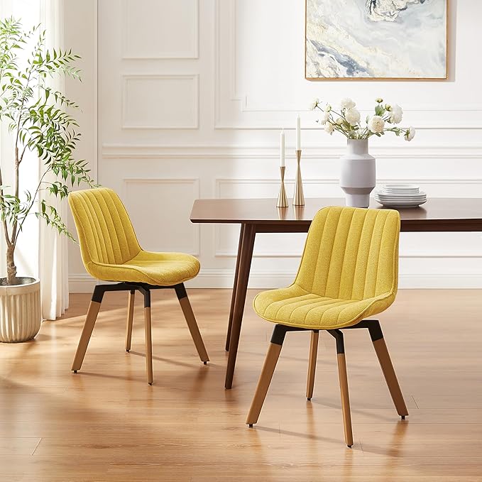 Art Leon Dining Chairs Set of 4, Mid Century Modern Swivel Dining Room Chairs, Fabric Upholstered Armless Side Chairs with Wood Legs for Kitchen Living Room Bedroom, Yellow