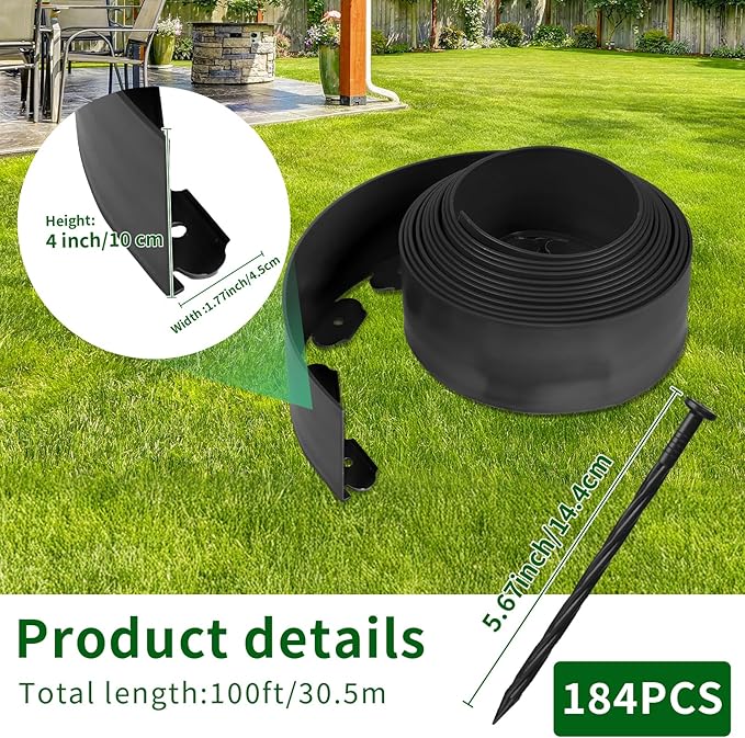 AggFencer 4 in x 100 Ft Garden Landscape Edging, No Dig Garden Edging Border Kit with 184 Pcs Spikes for Flower Bed Lawn Yard Grass Black
