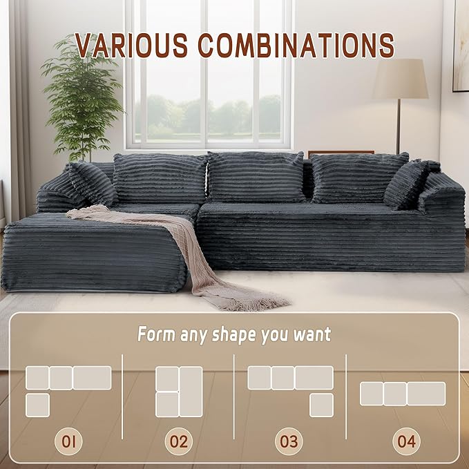 Korser 110" Sectional Couches for Living Room, Modular Sectional Sofa with L-Shape Chaise, Cloud Couch, Comfy Corduroy Fluffy Couch with Deep Seat and Side Pockets