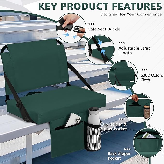Stadium Seat for Bleachers with Back Support and Wide Padded Cushion Stadium Chair - Includes Shoulder Strap and Cup Holder
