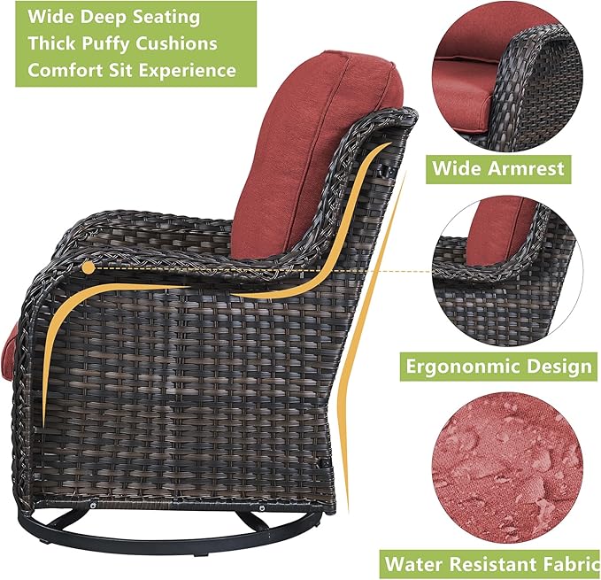 Rilyson Patio Chairs Rocking Swivel Chiar - 3 Piece Outdoor Wicker Patio Bistro Set Rattan Rocker Glider Chairs with High Back and Deep Seating for Outside Porch Deck Garden(Brown/Red)