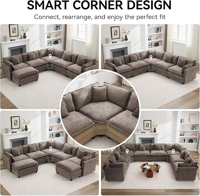 113'' V Shaped Cloud Sectional Sofa, Oversized Deep Seat Couches for Living Room, Chenille Comfy Upholstered Modular Sectional Sofa Couch, Brown