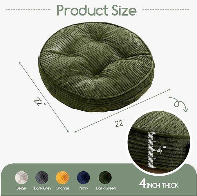 HIGOGOGO Washable Floor Pillow Cushion for Adults, Meditation Cushion Pillow, Large Round Floor Sitting, Removable Tufted Corduroy Cover, for Tatami Living Room or Yoga, 22x22 Inch, Machine Washable