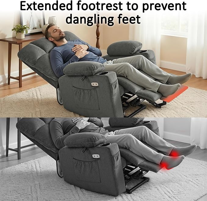 MCombo Large Dual Motor Power Lift Recliner Chair for Elderly, Massage and Heat, Lay Flat, Zero Gravity, Home Button, USB Port, Fabric 7680 (Large, Grey)