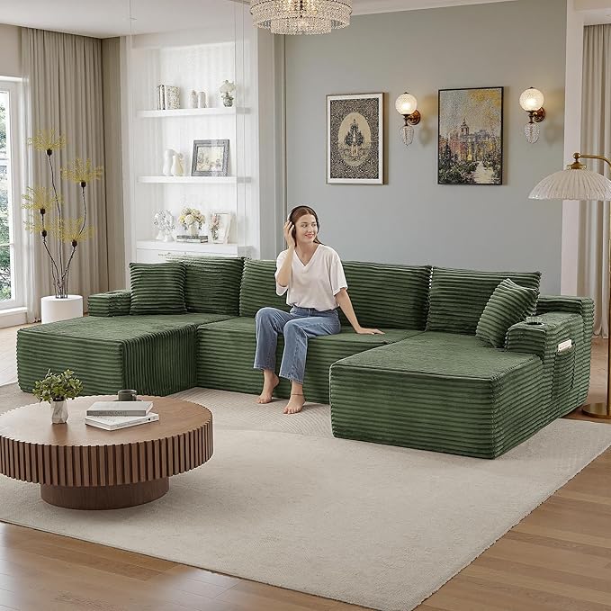 133" Sectional Couches for Living Room Cloud Couch Sofa with L-Shape Upholstered Boneless Couchs Modern Modular Sectional Couch with Chaise (Green, 133" W+U Facing Chaise)