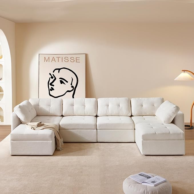 ORRD Oversize Modular Sectional Couch, Convertible U Shaped Sofa with Storage, 6 Seater Sofa Modular with Ottomans and Reversible Chaise for Living Room, Office (Beige White)