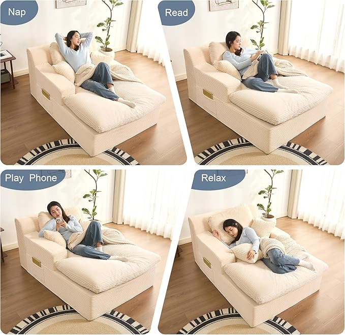 63" Oversized Boneless Chaise Lounge Chair, Extra Cloud Layer, Convertible Sleeper Sofa Couch with Removable Pillows & Side Pockets, Corduroy Upholstered Sofa Bed with Armrests for Living Room, Beige
