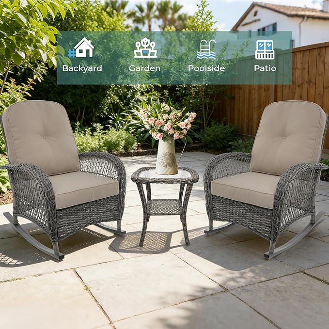 Sgentle Wicker Rocking Chair Set of 2, 3-Piece Outdoor Patio Rocker Chair with Cushions & Steel Frame, All-Weather Outdoor Rattan Rocking Chair for Lawn Porch Garden (Brown, Style 3)