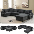 Furnimart 128" U Shaped Sectional Sofa, 5 Seat Chenille Couch Set with Oversized Chaise Lounge, Hidden Armrest Storage and Cup Holders, USB Charging Ports, Deep Seat Sofa for Living Room, Beige