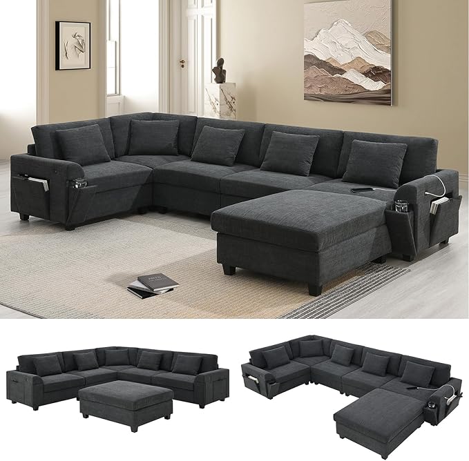 Furnimart 128" U Shaped Sectional Sofa, 5 Seat Chenille Couch Set with Oversized Chaise Lounge, Hidden Armrest Storage and Cup Holders, USB Charging Ports, Deep Seat Sofa for Living Room, Beige