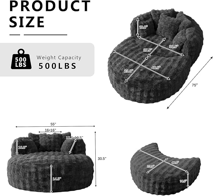 Oversized Chaise Lounge Chair Indoor with Ottoman 55" W x 75" L Round Reading Chair Plush Faux Fur Corduroy Cloud Circle Boneless Chair with 5 Pillows for Living Room - Grey