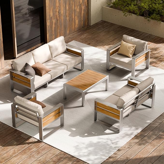 ZANDOR Aluminum Outdoor Patio Conversation Furniture Set, 5 PCS Metal Modern Outside Sectional Lawn Furniture with Coffee Table & Washable Thick Cushions,Seating Sofa for Garden/Backyard/Porch Silver