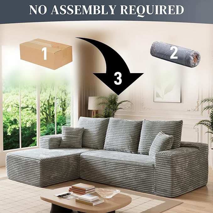 HYJT-H&K Modular Sectional Sofa Cloud Couch, 107" Comfy L Shaped Sectional Couches for Living Room, Deep Seat Memory Foam Plush Fluffy Corduroy Boneless Couch Sectionals Left Facing Sofa Chaise Grey