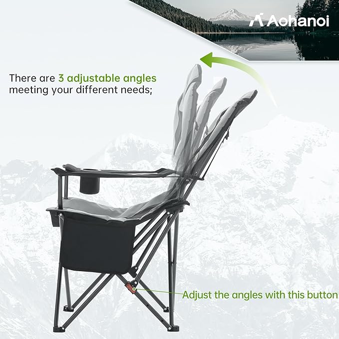 Aohanoi Camping Chairs, Portable 2 Pack Camp Chairs for Heavy People with Adjustable Angled Backrest, Outdoor Folding Camping Chairs for Outside Supports up to 350lbs, Carry Bag Included