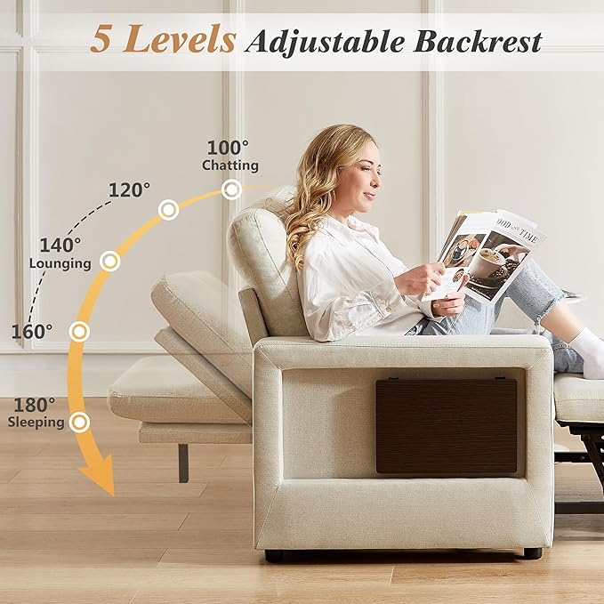 WEUP 42.5" Sleeper Chair Bed, 3-in-1 Oversized Convertible Sleeper Sofa Chair with Pull Out Bed, Reclining Adjustable Backrest/USB Ports/Table/Cup Holder, Tool-Free Assembly, Premium Beige