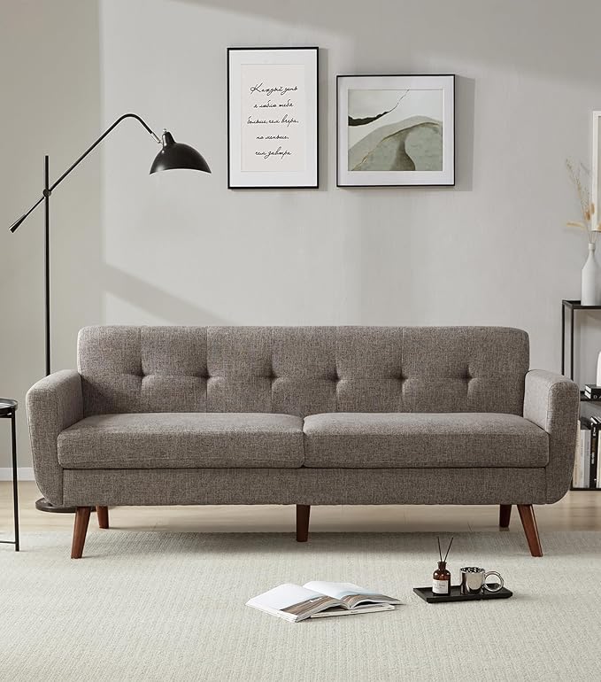 Tbfit 77.2" W Linen Sofa Couch, Mid Century Modern Decor Loveseat Couches for Living Room, Button Tufted Upholstered Small Couch for Bedroom, Solid, and Easy to Install Love Seats Furniture, Grey | linen fabric, button tufted, solid wood foot, pocket s...