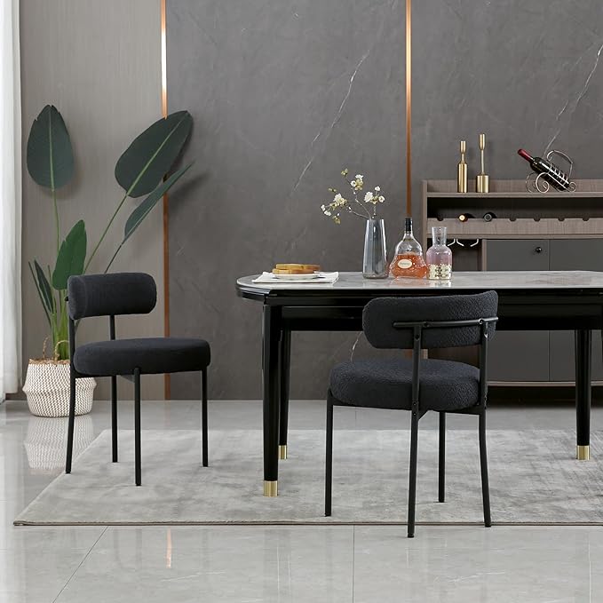 DYHOME Black Boucle Dining Chairs Set of 2, Mid Century Modern Kitchen Chairs with Curved Backrest and Metal Legs, Upholstered Dining Room Chairs
