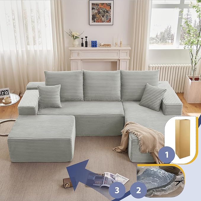 107" W Cloud Sectional Couch with Ottoman,Modern U-Shaped Cloud Couch with Deep Seat,Comfy Corduroy 3-Seater Sofa,Memory Foam Sofa for Living Room,No Assembly (Grey,Right-Facing Chaise)