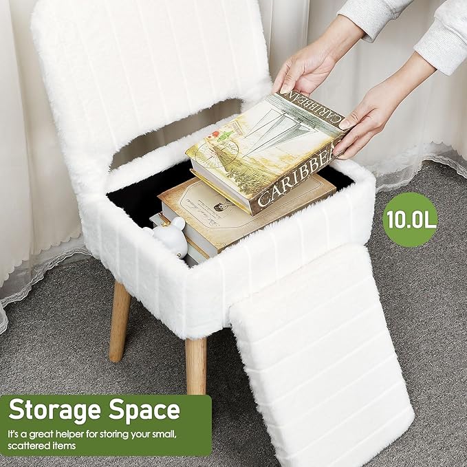 Vanity Stool Chair with Storage and Folding Backrest, White Soft Faux Rabbit Fur Upholstered Footstool, 4 Solid Wood Legs with Anti-Slip-Scratch Foot Pads, Furry Padded Seat for Makeup, Bedroom