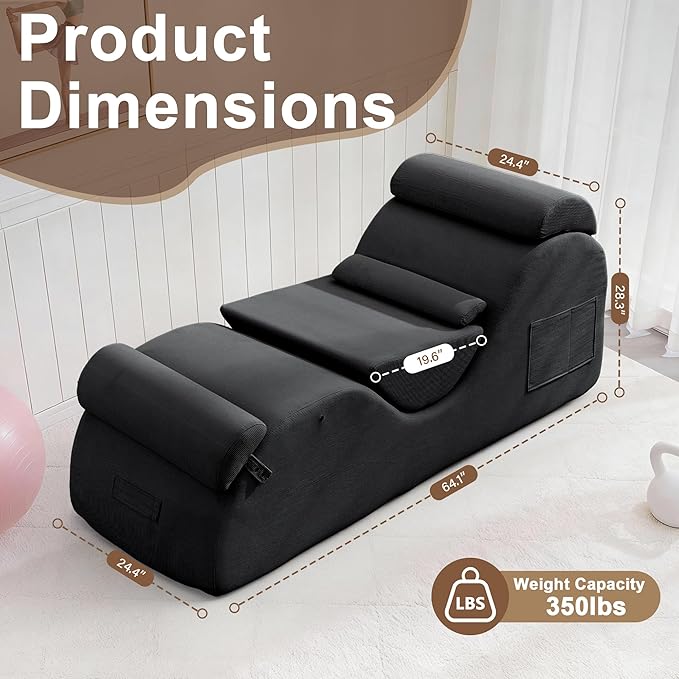 DRMBOOK Yoga Chairs for Adults, Corduroy Fabric Chaise Lounge with Headrest, Boneless Yoga Sofa Couch with Waist Cushion, Movable Footrest, Side Pockets for Relaxation Exercise Stretching (Black)