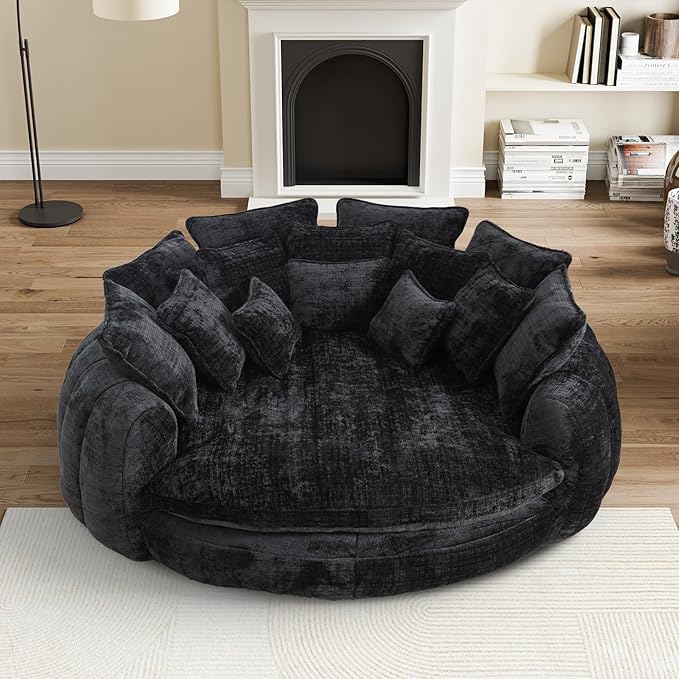 81" Oversized Bean Bag Chair Boneless Round Chaise Lounge Comfy Chenille Reading Chair Fluffy Plush Sofa Bed Large Deep Seat Circle Cloud Couch for Living Room, Bedroom, Apartment, Black