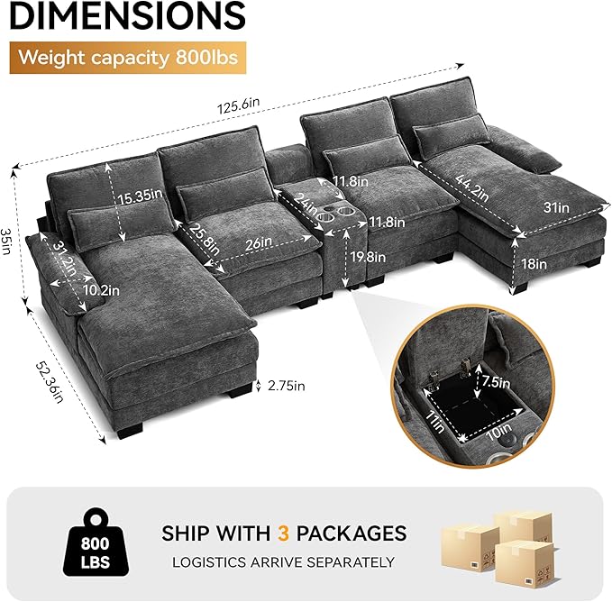 125'' U Shaped Cloud Modular Sofa, Chenille Upholstered Comfy Sectional Couch with Storage Console, USB Charging Ports & Cup Holders, Modern Deep Seat Sofa for Living Room, Grey