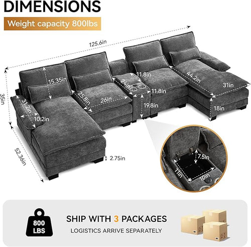 125'' U Shaped Cloud Modular Sofa, Chenille Upholstered Comfy Sectional Couch with Storage Console, USB Charging Ports & Cup Holders, Modern Deep Seat Sofa for Living Room, Grey