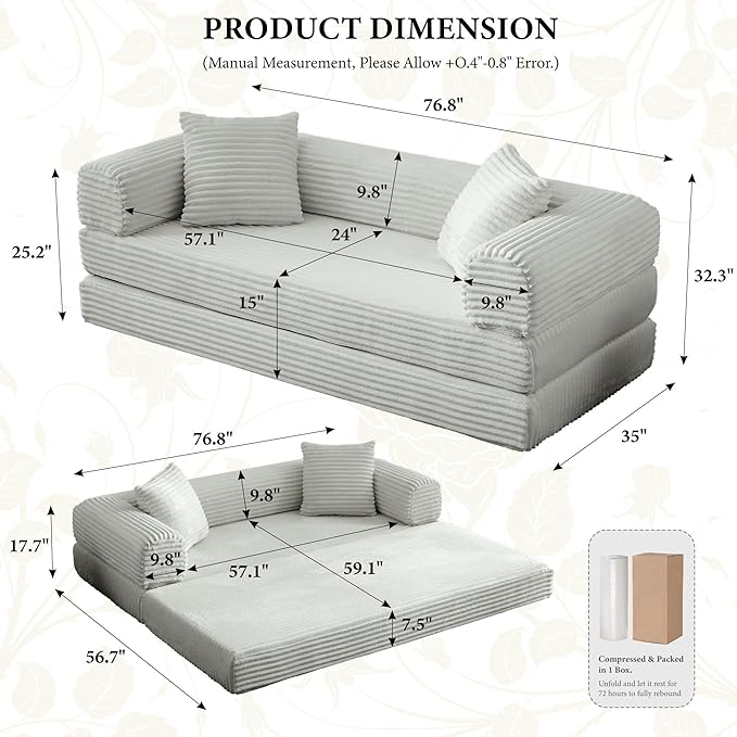 Chorlenimi Boneless Couch Futon Sofa Bed Sectional Couches for Living Room,Cloud Couch with Sleeper Sofa,Sofas for Living Room Oversized Corduroy Upholstered (Light Grey, 76 Inches (No Iron Frame))