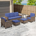 COOS BAY Harbor Retreat 6 Piece Outdoor Furniture Set, Patio Conversation Set with Patio Chairs, 3 Seat Couch, Side Table and Ottomans, Wicker Furniture, Brown/Blue