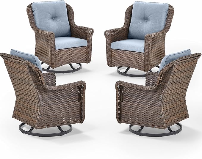 ACTREST Patio Chairs Outdoor Swivel Glider - Set of 4 High Back Outside Brown Wicker Rattan Rocking Chair with Thick Cushion for Porch Apartment Deck Yard Poolside Garden - Baby Blue