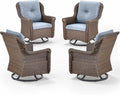 ACTREST Patio Chairs Outdoor Swivel Glider - Set of 4 High Back Outside Brown Wicker Rattan Rocking Chair with Thick Cushion for Porch Apartment Deck Yard Poolside Garden - Baby Blue