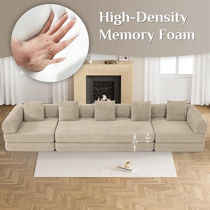 DAMAIFROM 157" Convertible Sleeper Sofa Bed Set with Pillow, 4-in-1 Corduroy Folding Mattress Boneless Couch with Fixed-Shape Frame, Fold Out Floor Sofa Cama Lounge Couch for Living Room, Light Brown