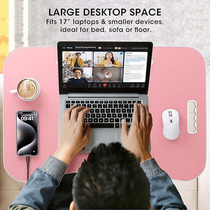 Folding Lap Desk, 23.6 Inch Wood Laptop Bed Desk with Cup Holder, Portable Bed Table for Working Writing Reading & Eating for Bed, Sofa, Couch, Floor - Pink